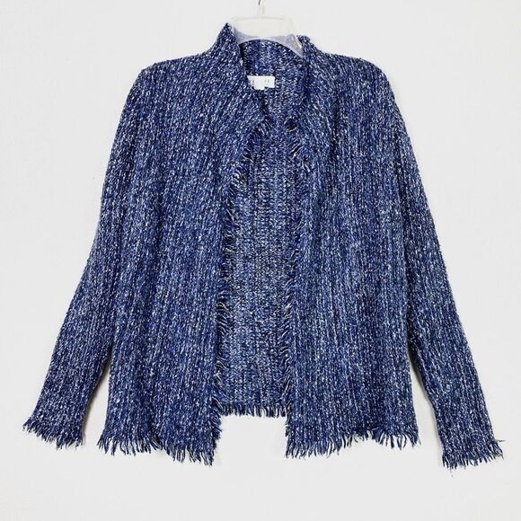 Velvet by Graham & Spencer Blue & Black Fringe Cardigan Sweater - Picture 1 of 5